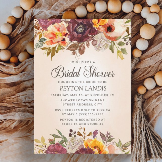 Höst Höst Blommig Orange Rost Bröllopsfest Inbjudningar (Burgundy and orange floral fall bridal shower invitation)