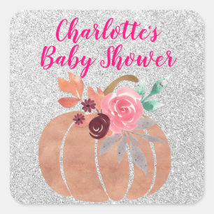 Höst Höst Blommig Pumpa Baby Shower Rosa Silver Fyrkantigt Klistermärke