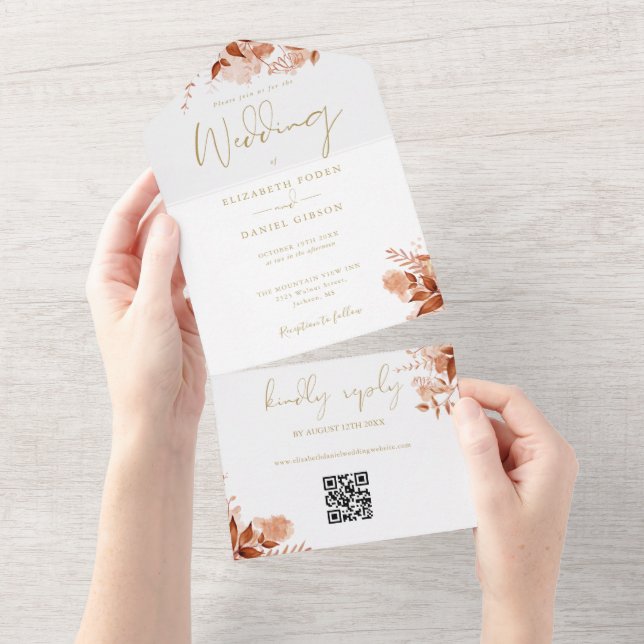 Höst Höst Blommig QR-kod Guld Bröllop (Avrivbar del)