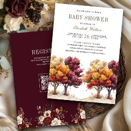 Höst Höst Burgunder Träd QR-kod Baby Shower Inbjudningar