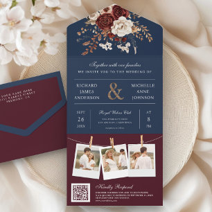 Höst Höst Burgundy Blommig QR-kod Navy Bröllop