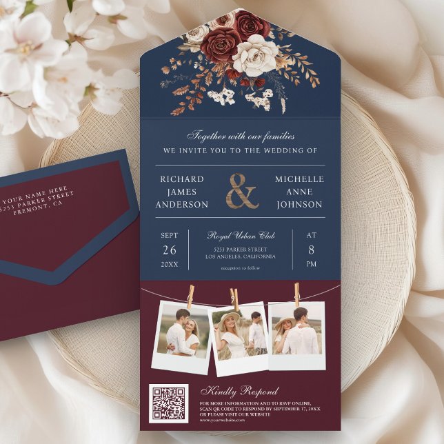 Höst Höst Burgundy Blommig QR-kod Navy Bröllop (Skapare uppladdad)