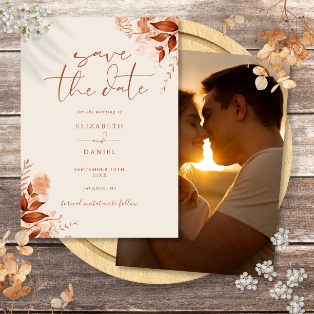 Höst Höst Höst Floral Foto Bröllop Spara Datumet (Autumn Fall Rustic Floral Photo Wedding Save The Date)