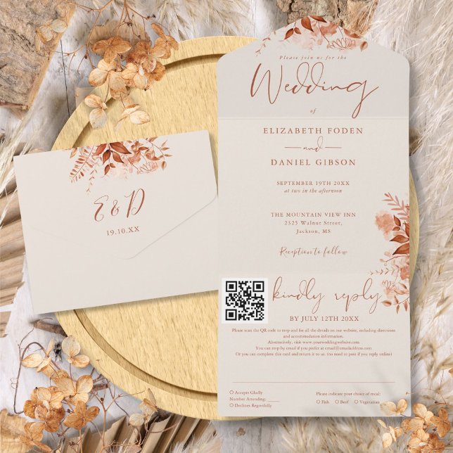 Höst Höst Höstblommig QR-kod Bröllop (Autumn Fall Rustic Floral QR Code Wedding All In One Invitation)