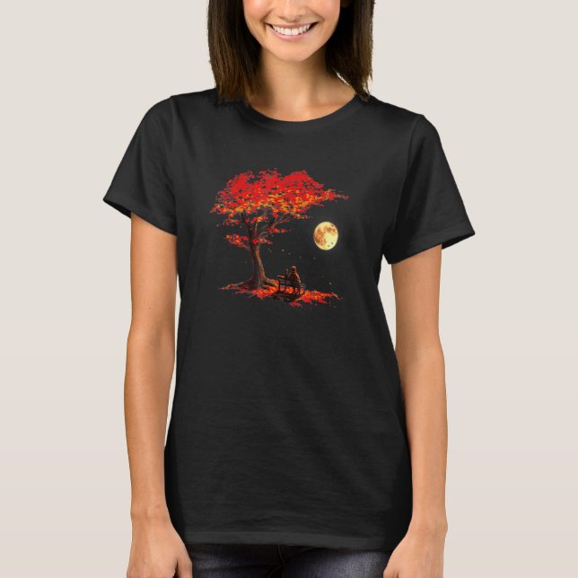 Höst Höst Löv Måne Astronaut Med Katt Yttre S T Shirt (Framsida)