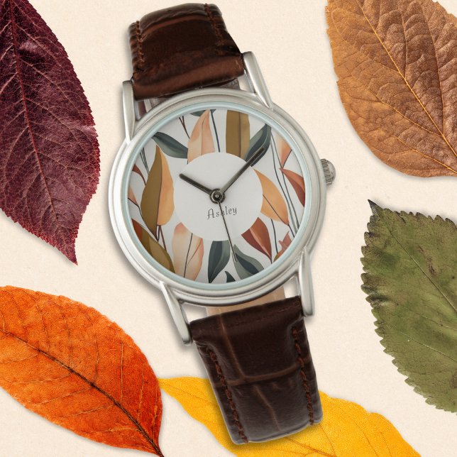 Höst Höst Löv Natur Tematiserat Anpassat Namn Armbandsur (A stylish watch with Autumn leaves design in orange, green, brown and yellow)