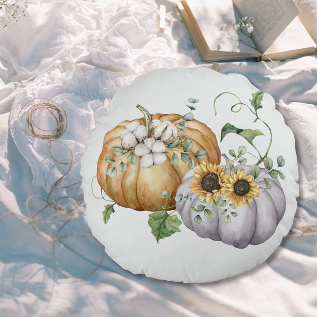 Höst Höst Pumpa Solros och Bomullsblommor Rund Kudde (In situ)