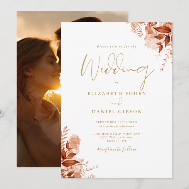 Höst Höst Rustik Blommig Foto Chic Guld Bröllop Inbjudningar (Fram/baksida)
