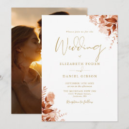 Höst Höst Rustik Blommig Foto Chic Guld Bröllop Inbjudningar