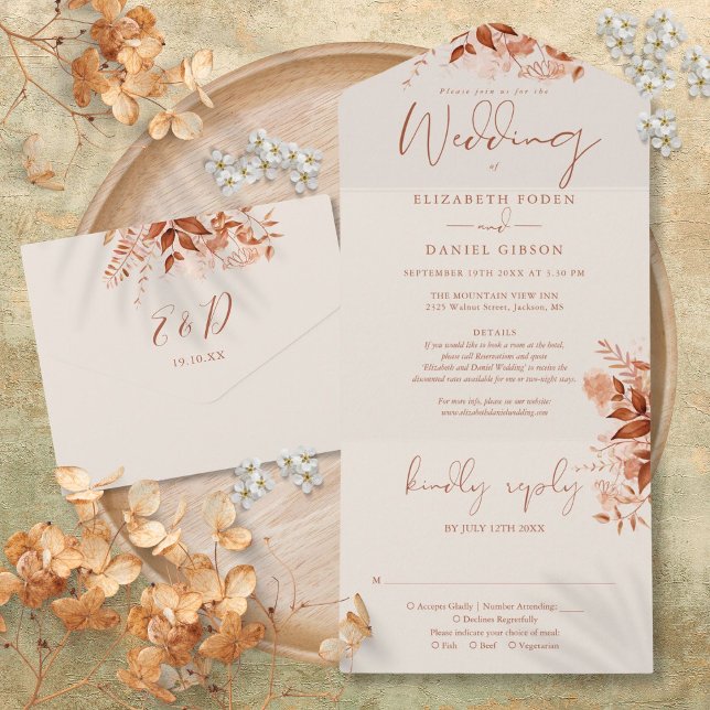 Höst Höst Rustika Detaljer RSVP Bröllop (Autumn Fall Rustic Floral Details RSVP Wedding All In One Invitation)