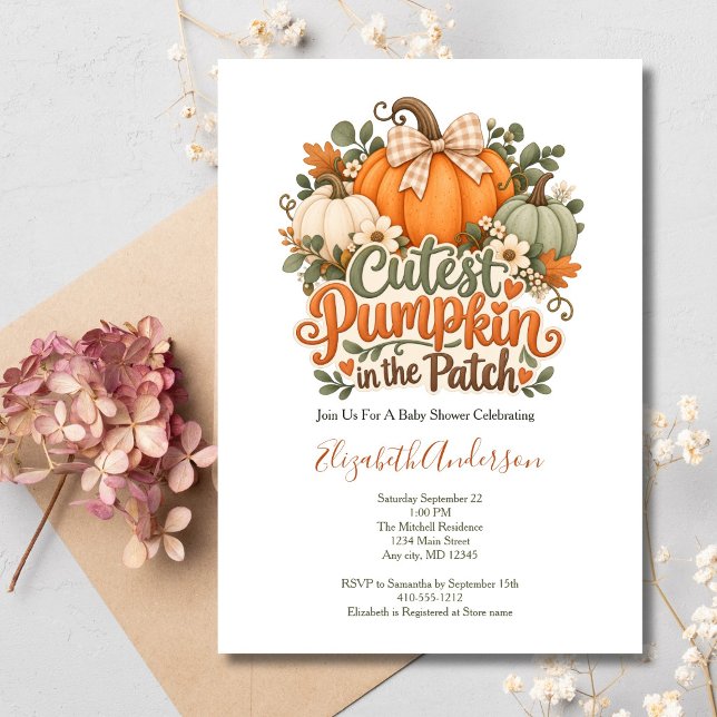 Höst Höst Sötaste Pumpa Barnkalas Inbjudningar (Cutest Pumpkin in Patch Fall Autumn Halloween Thanksgiving Baby Shower Invitation, Printed or Digita)