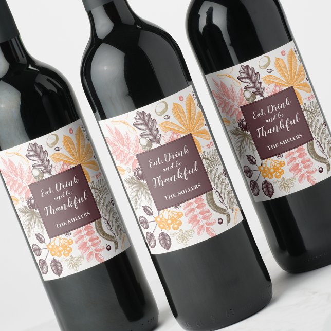 Höst Höst Thanksgiving Botanik Vinflaska Etikett (Fall Autumn Thanksgiving Botanicals Wine Bottle Labels)