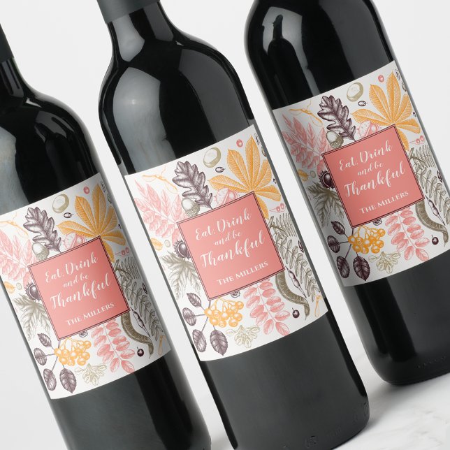 Höst Höst Thanksgiving Botaniska Motiv Vinflaska Etikett (Fall Autumn Thanksgiving Botanicals Wine Bottle Labels)