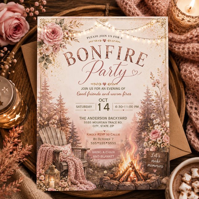 Höst Höstbål Tillsammans  Inbjudningar (Pink floral Autumn Bonfire Invitation)