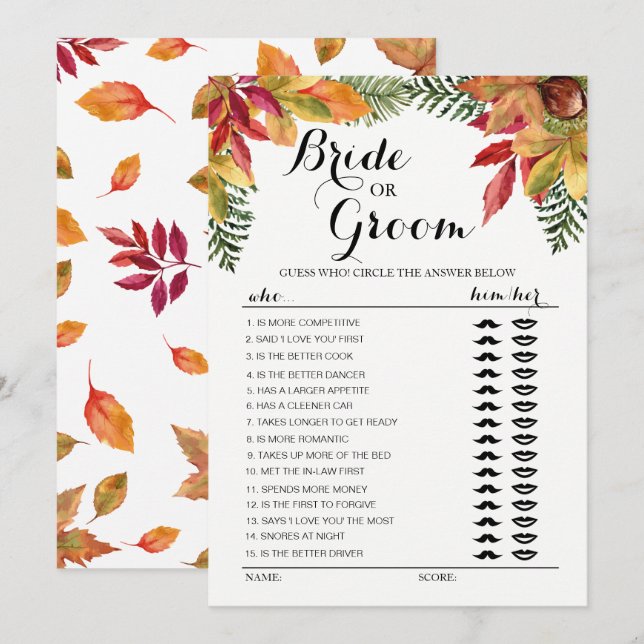 Höst Höstfärger Brud eller brudgum lek redigerbar Inbjudningar (Fram/baksida)