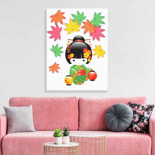 Höst Kokeshi-docka - Geishaflicka i grön kimono Canvastryck (Insitu (Vardagsrum))