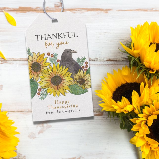 Höst Kråka i Thanksgivingen Solblommor, vattenfärg Presentetikett (Watercolor Crow in Sunflowers Thankful for You Thanksgiving Gift Tag)
