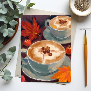 Höst Latte Datum Höst Kaffe Löv Akvarell Vykort