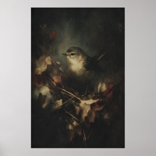 Höst Liten Gärdsmyg Fågel Konst Utskrift Mörk Poster