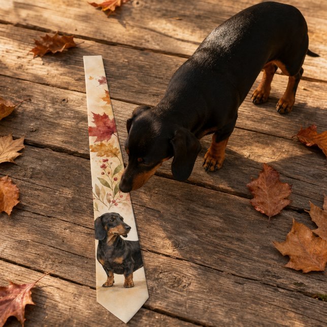 Höst Lönn Akvarell Dachshund Slips (Autumn Maple Watercolor Dachshund Neck Tie)