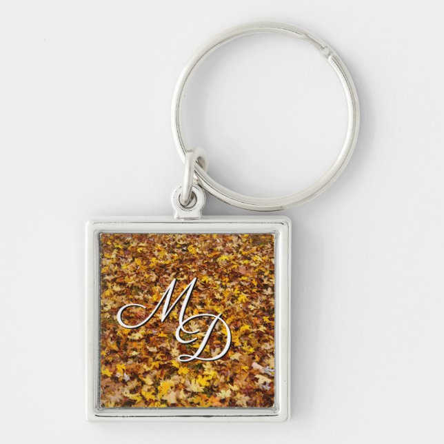 Höst löv Abstrakt Monogram Initialer Fyrkantig Silverfärgad Nyckelring (Framsidan)