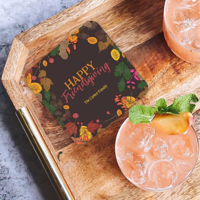 Höst löv Acorns Berries Friendsgiving Underlägg Papper Kvadrat (Skapare uppladdad)