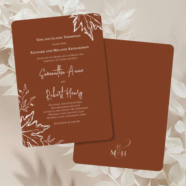 Höst löv Anpassningsbar Fall Wedding Inbjudningar (Burgundy wedding invitation with fall leaves. )