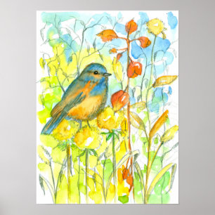 Höst löv Bluebird Watercolor Poster