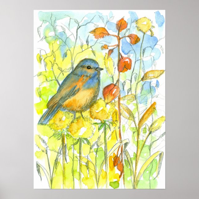 Höst löv Bluebird Watercolor Poster (Framsidan)