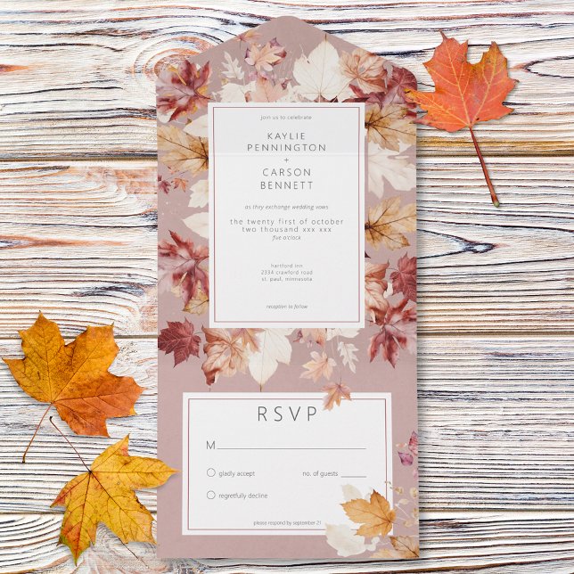 Höst löv Burgundy utan mat (Rustic Wreath of Fall Leaves Burgundy No Dinner All In One Invitation)