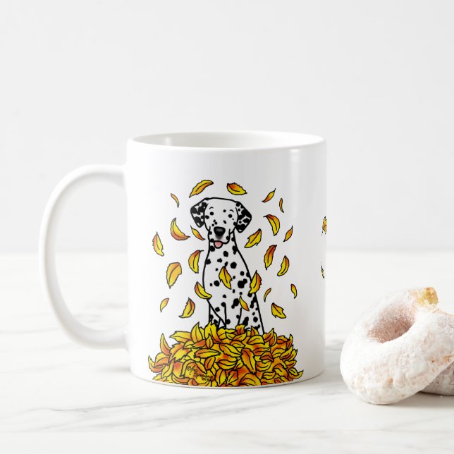 Höst löv Dalmatien (svart 1) Hund Spelande ljus Kaffemugg (Med munk)