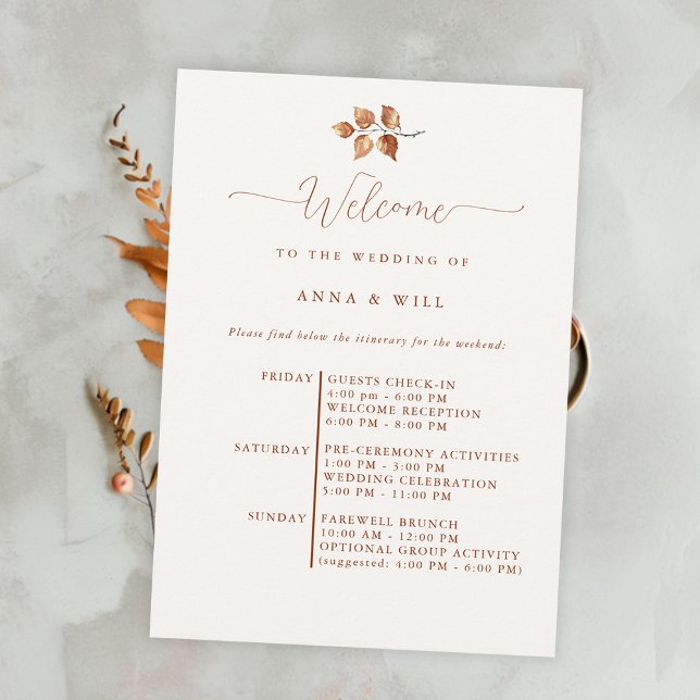 Höst löv Elegant Boho Fall Wedding Itinerary Inbjudningar (autumn fall wedding itinerary elegant bohemian terracotta calligraphy modern simple leaves foliage)