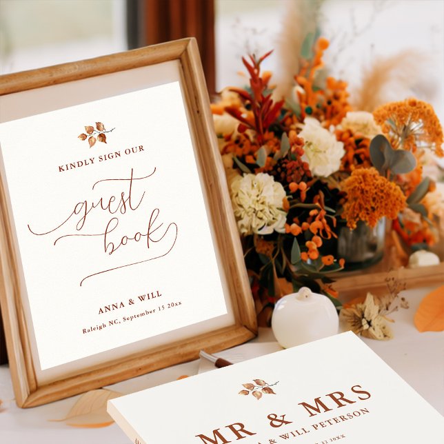 Höst löv Elegant Bröllopsgäst Bok Poster (sign our guest book fall autumn wedding sign terracotta elegant calligraphy simple leaves foliage)