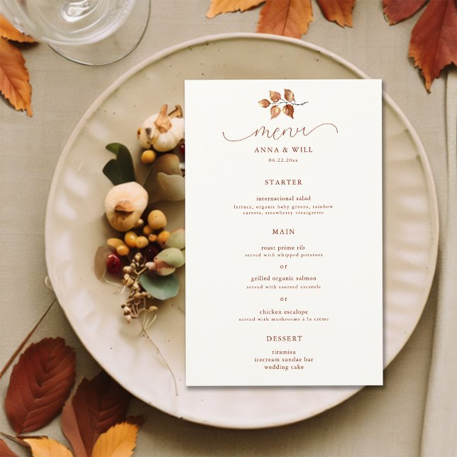 Höst löv Elegant Terracotta Fall Wedding (autumn fall wedding menu terracotta elegant modern calligraphy bohemian chic simple foliage leaves)