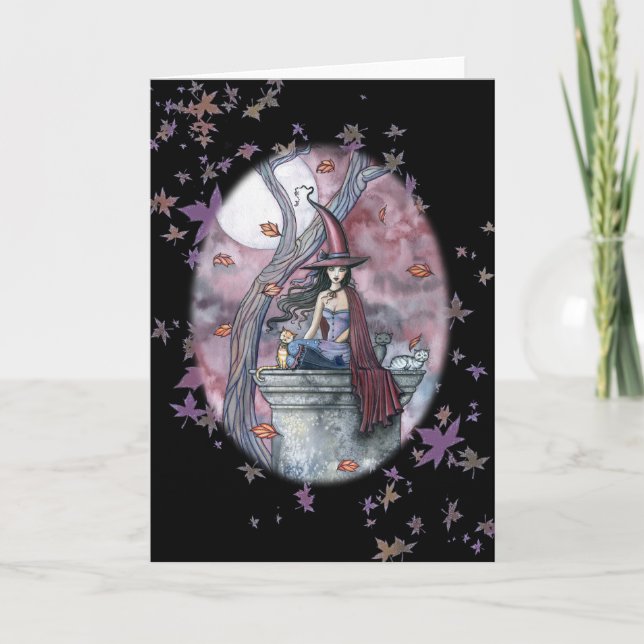 Höst löv för kort för Halloween häxakatt (Framsida)