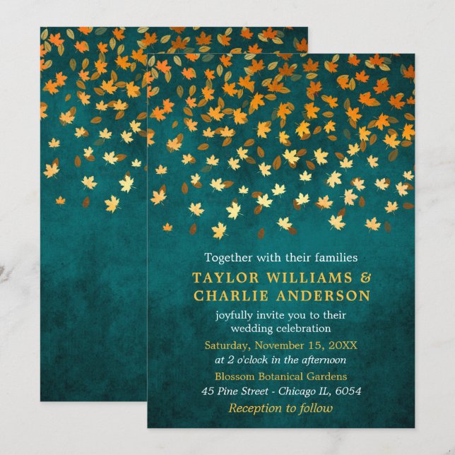 Höst löv Grunge Guld och Teal Bröllop Inbjudningar (Fram/baksida)
