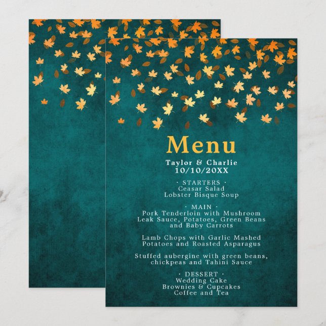 Höst löv Guld och Teal Blue Bröllop Meny (Fram/baksida)