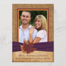 Höst löv, inbjudan till FAUX Burlap PHOTO-bröllop