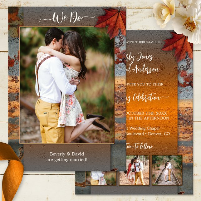 Höst löv Industrial Bröllop Photo Inbjudningar (Unique wedding invitation featuring 4 of your photos framed by an industrial rustic autumn design)