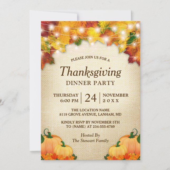 Höst löv Ljus Burlap Thanksgiving Middag Inbjudningar (Framsida)