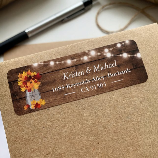 Höst löv Mason Burk String Ljus Rustic Wood Returadress Etikett (Skapare uppladdad)