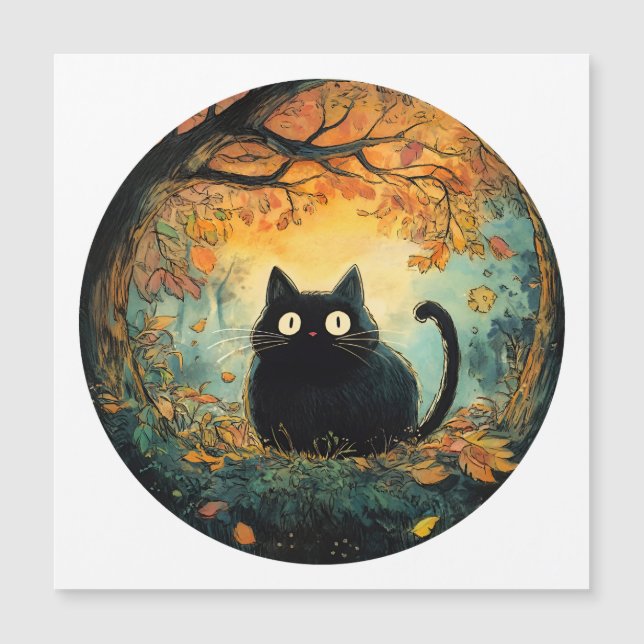 Höst löv mysigt faller svart katt i magin för magnetisk inbjudningskort (Framsida)