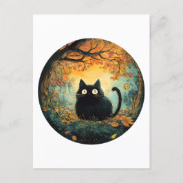 Höst löv mysigt faller svart katt i magin för vykort