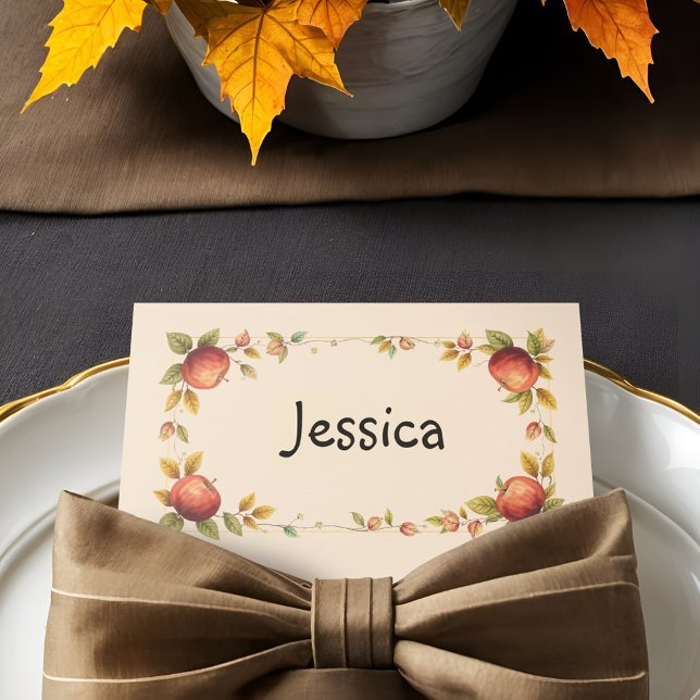 Höst löv och äpplen - middagen Bord Placeringskort (Charming Friendsgiving place cards with Fall leaves, vines and harvest apples for dinner guests.)