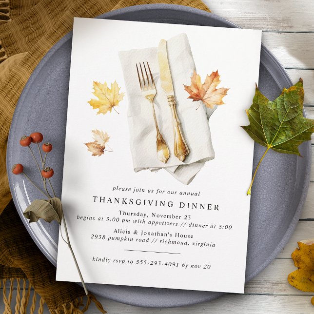 Höst löv och bestick | Rustik Mysigt Thanksgiving Inbjudningar (Skapare uppladdad)
