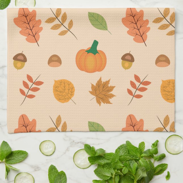 Höst löv och Orange Pumpkins Mönster Kökshandduk (Vikta)