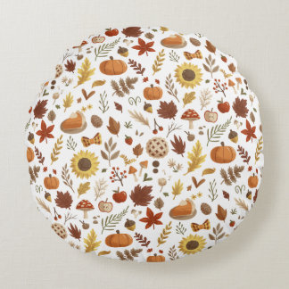 Höst löv och Pumpkins in White Thanksgiving Rund Kudde