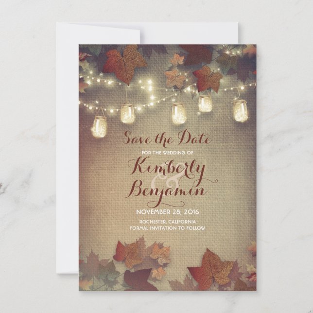 Höst löv och Rustic Mason Burk Spara datumet (Framsida)