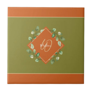 Höst löv Orange + Grönt Monogrammad dekorativ deko Kakelplatta