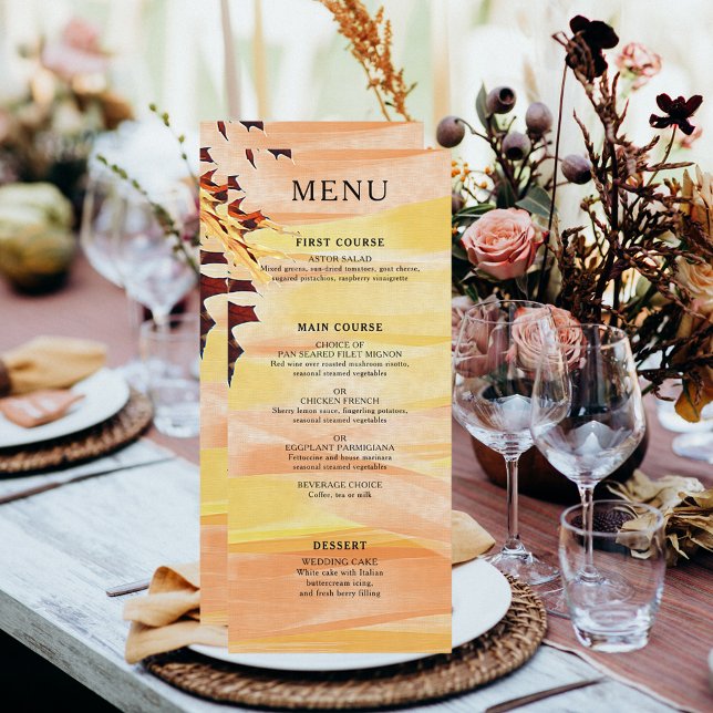 Höst löv Orange Gult Swirl Bröllop Meny (Autumn Leaves Orange Yellow Swirl Wedding Menu)
